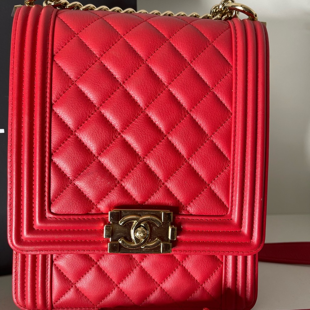 Chanel Boy Red Calfskin Leather Shoulder Bag